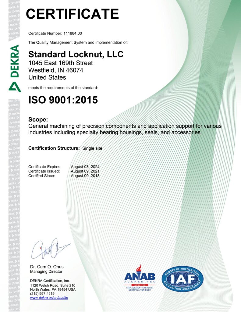 Standard Locknut, Llc 9001 Certificate Exp August 08, 2024